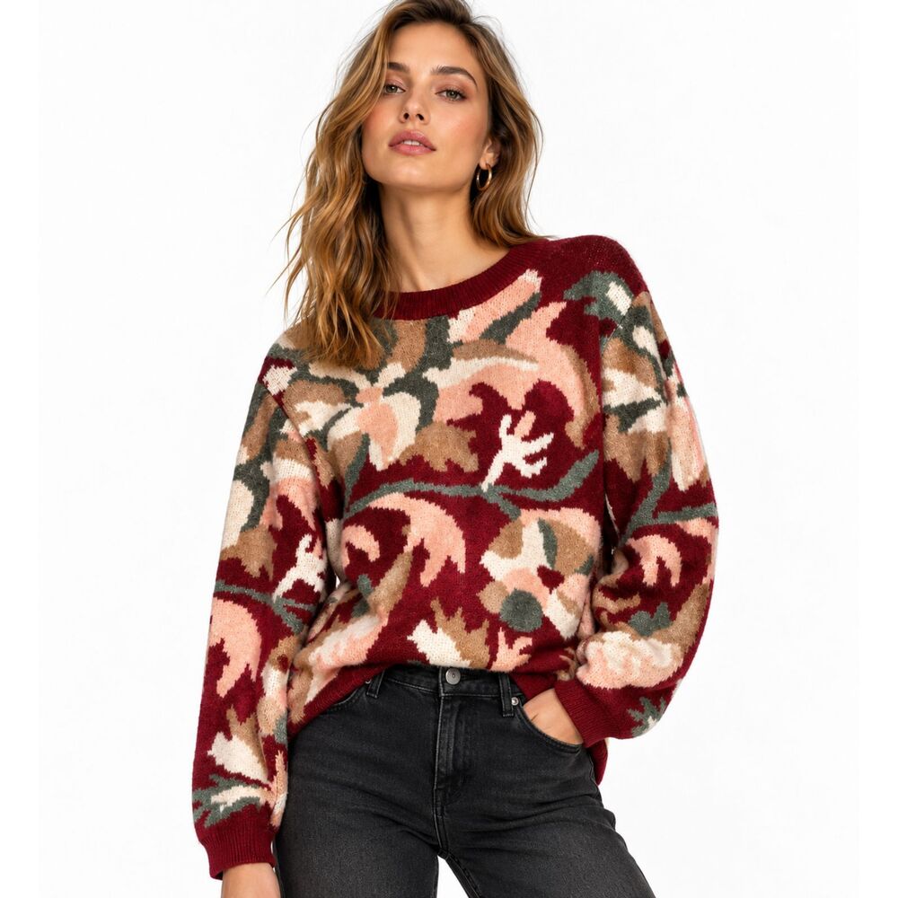 Molly Bracken Womens Burgundy Floral Sweater Medium Oversized Botanical Boho